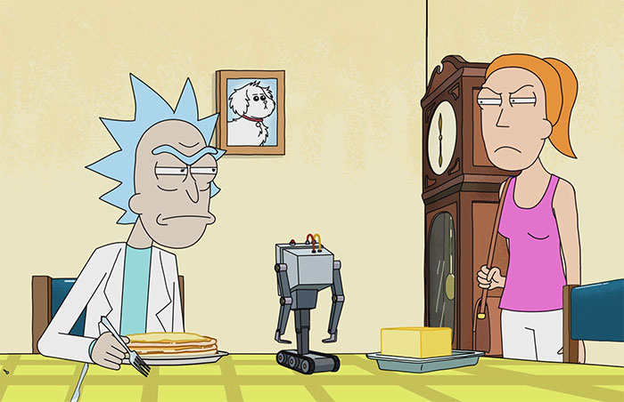 Rick wearing white lab coat, Summer wearing pink shirt