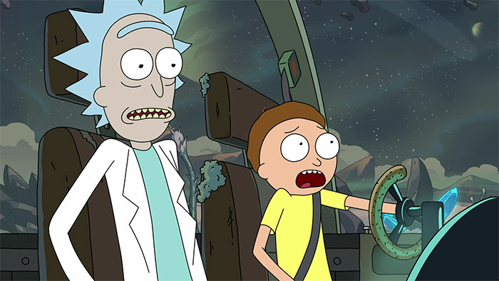 Rick wearing lab coat, Morty wearing yellow shirt