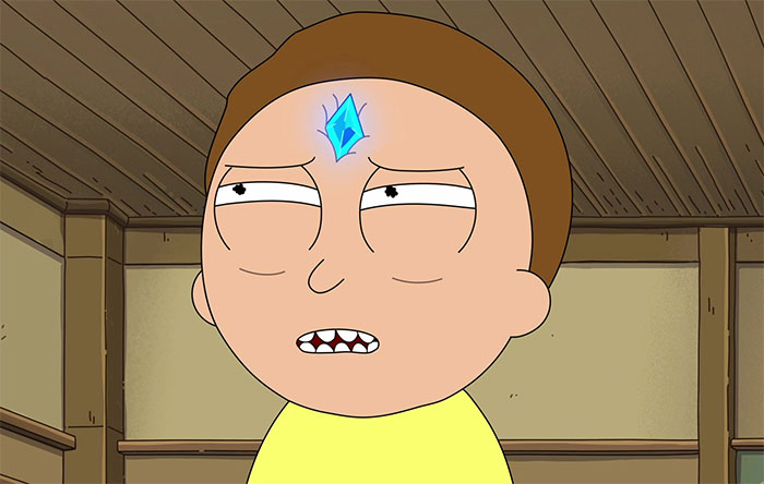 Morty wearing yellow shirt and have crystal