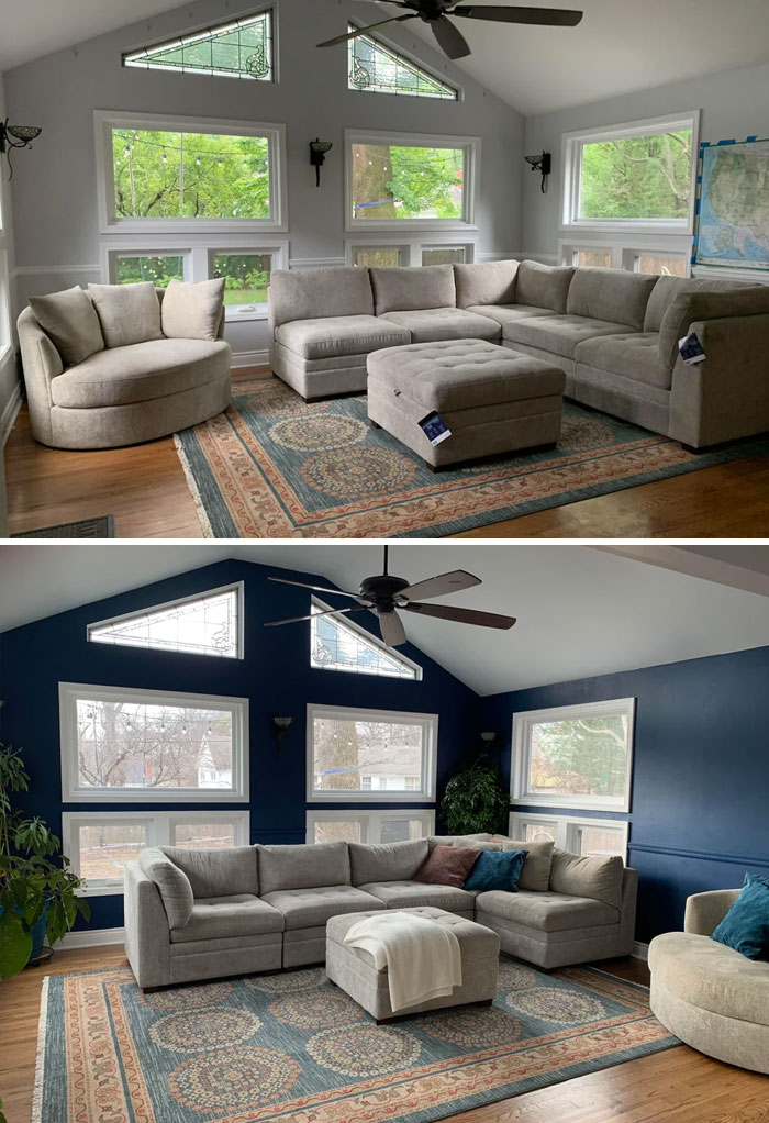 Before And After (Blue). Thanks To Your Input We Painted, Moved The Rug Out, And Moved The Round Chair To A Less Prominent Location