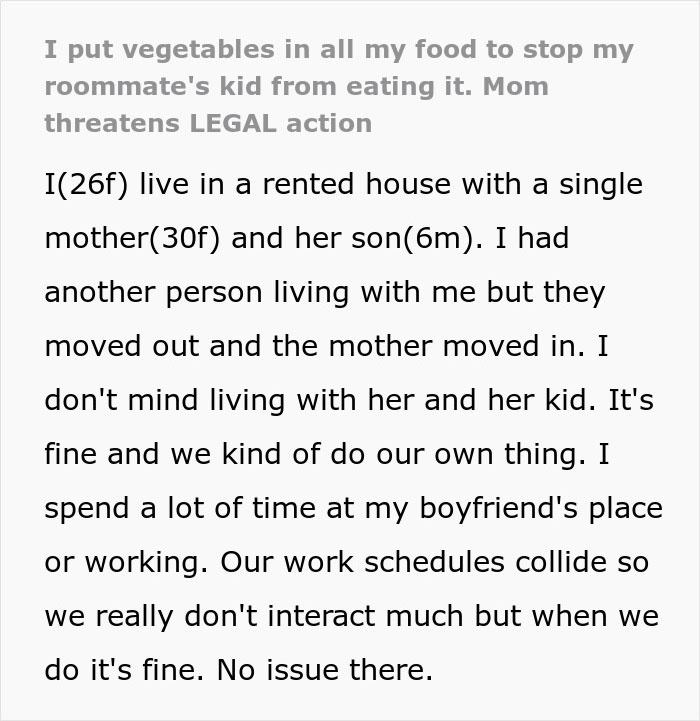 “I Put Veggies In My Food To Stop My Roommate’s Kid From Eating It. Mom Threatens Legal Action” “I Put Veggies In My Food To Stop My Roommate’s Kid From Eating It. Mom Threatens Legal Action”