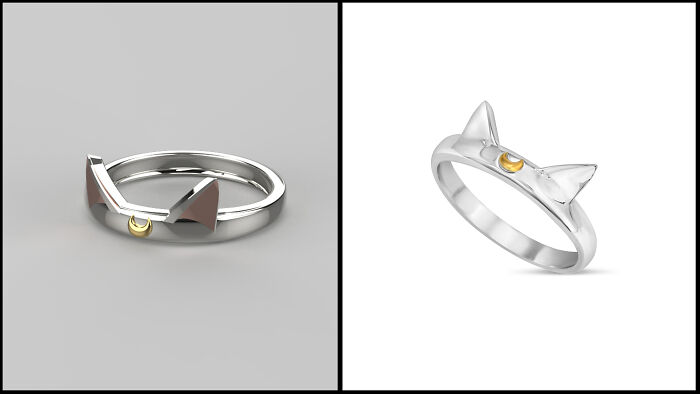 Moon Kitty Ring. Render (Left) vs. Real (Right)