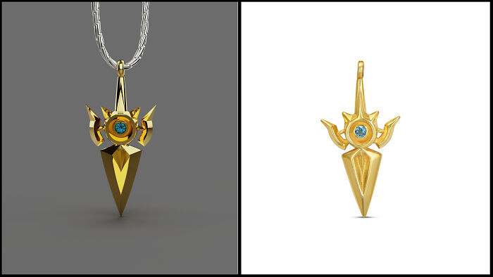 Pantheon, League Of Legends Pendant. Render (Left) vs. Real (Right)