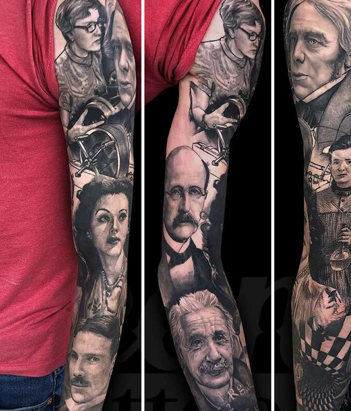 Black and grey scientists sleeve tattoo