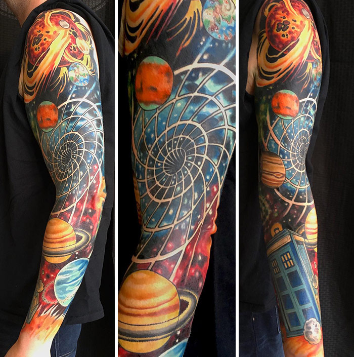 Colorful science sleeve tattoo