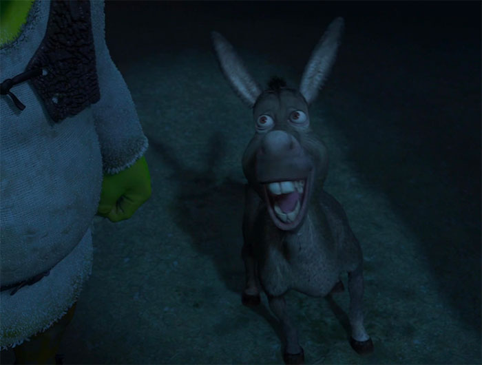 Donkey smiling near Shrek