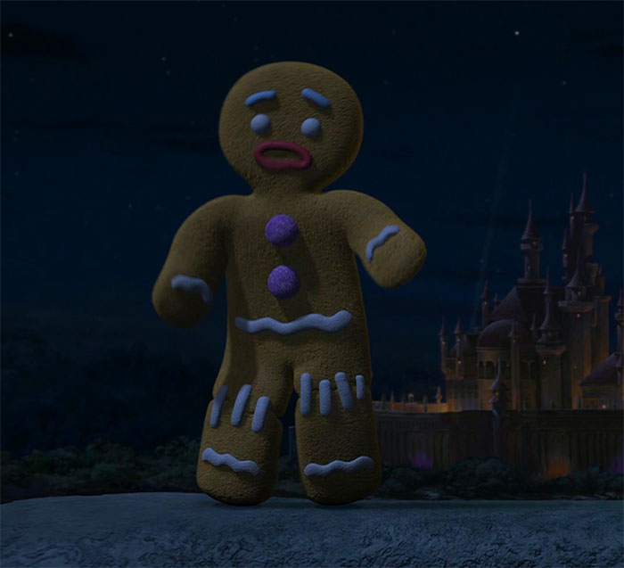 Gingerbread Man in the dark watching and talking with shrek