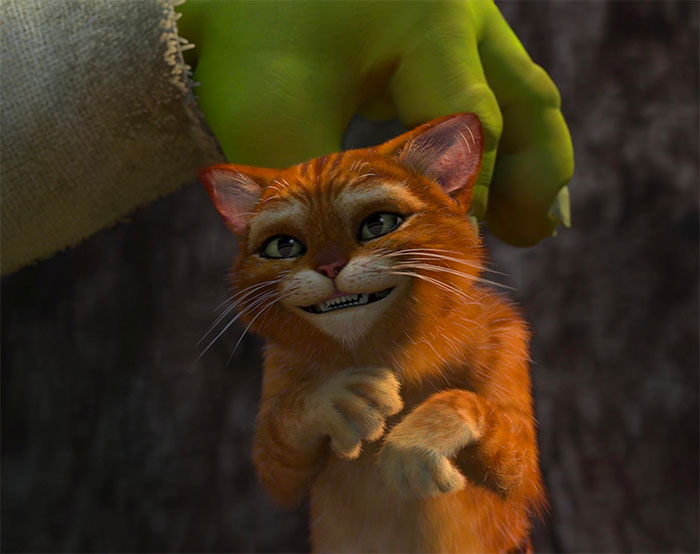 Shrek holding Puss In Boots