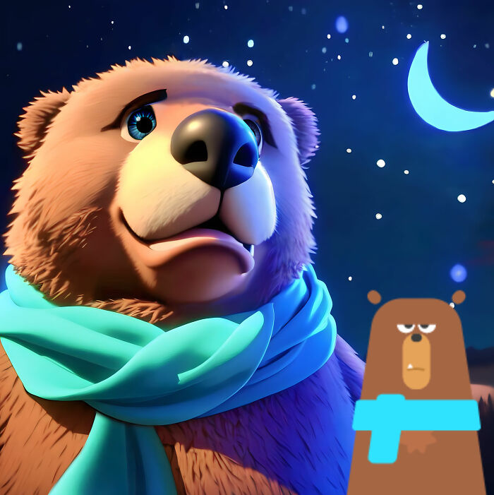 Pixar-style bear from a language app, wearing a blue scarf, under a night sky with a crescent moon and stars.