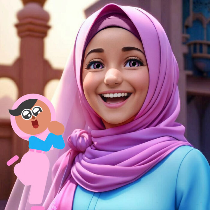 Pixar-style character inspired by language learning app, wearing a pink hijab and smiling, alongside animated cartoon figure.
