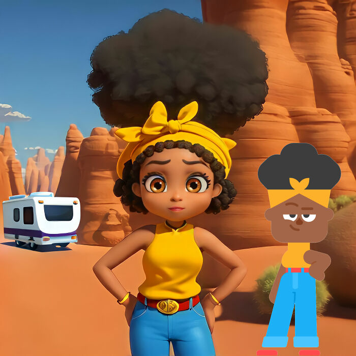 Pixar-style character inspired by Lang App, with curly hair in desert scene, next to RV and stylized illustration.