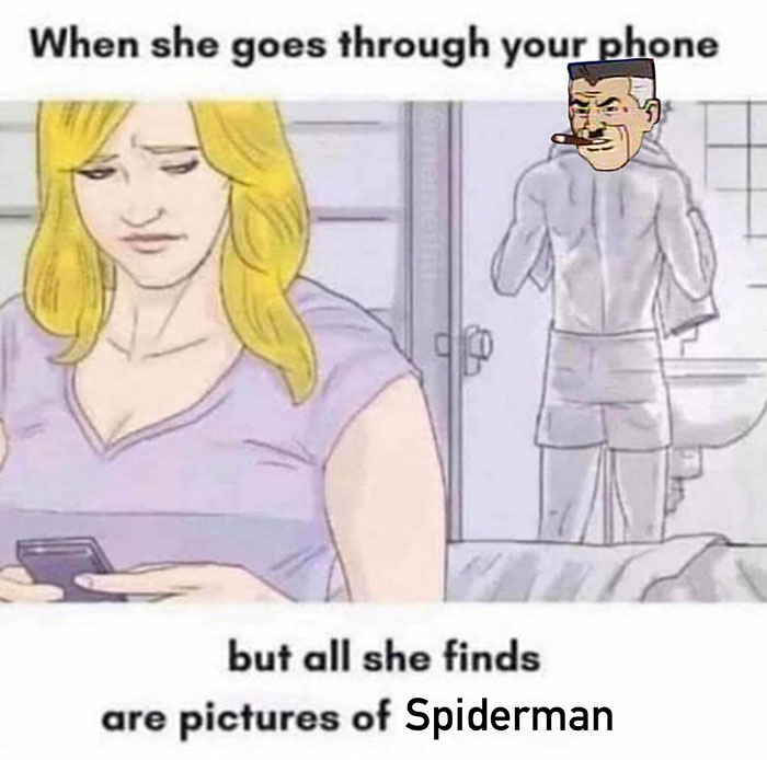 Woman checking phone finds Spiderman memes while a man showers in the background, face replaced by a cartoon character's face.