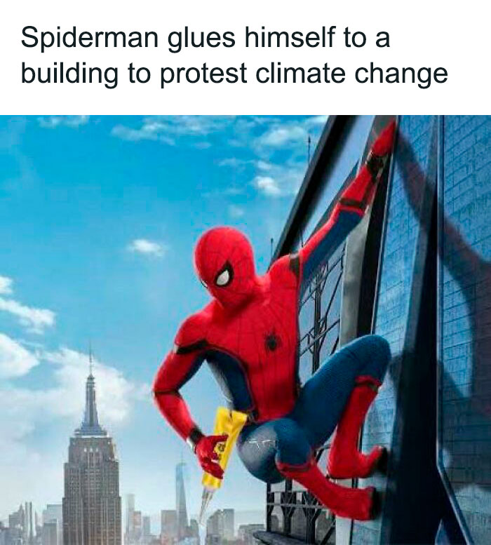 Spiderman in a humorous meme gluing himself to a building to protest climate change.