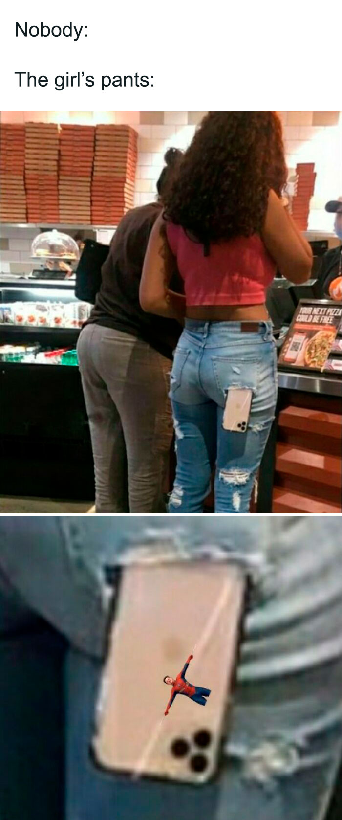 Spiderman meme with girl's phone in back pocket, featuring Spiderman graphic on phone case.