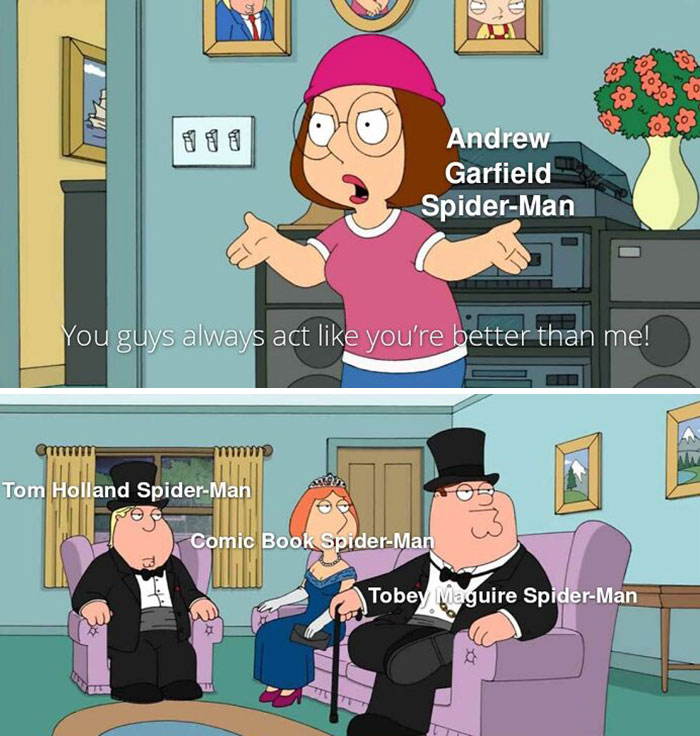 Characters labeled as different Spider-Men humorously argue in a living room setting.