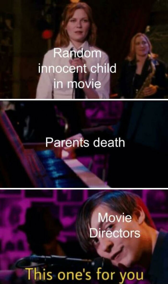 Spiderman meme showing movie directors targeting an innocent child with dramatic events.