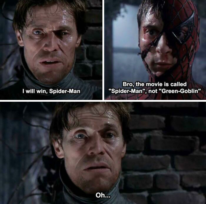Green Goblin confused in Spiderman meme, humorous dialogue with Spiderman about the movie's title, expressive reactions.