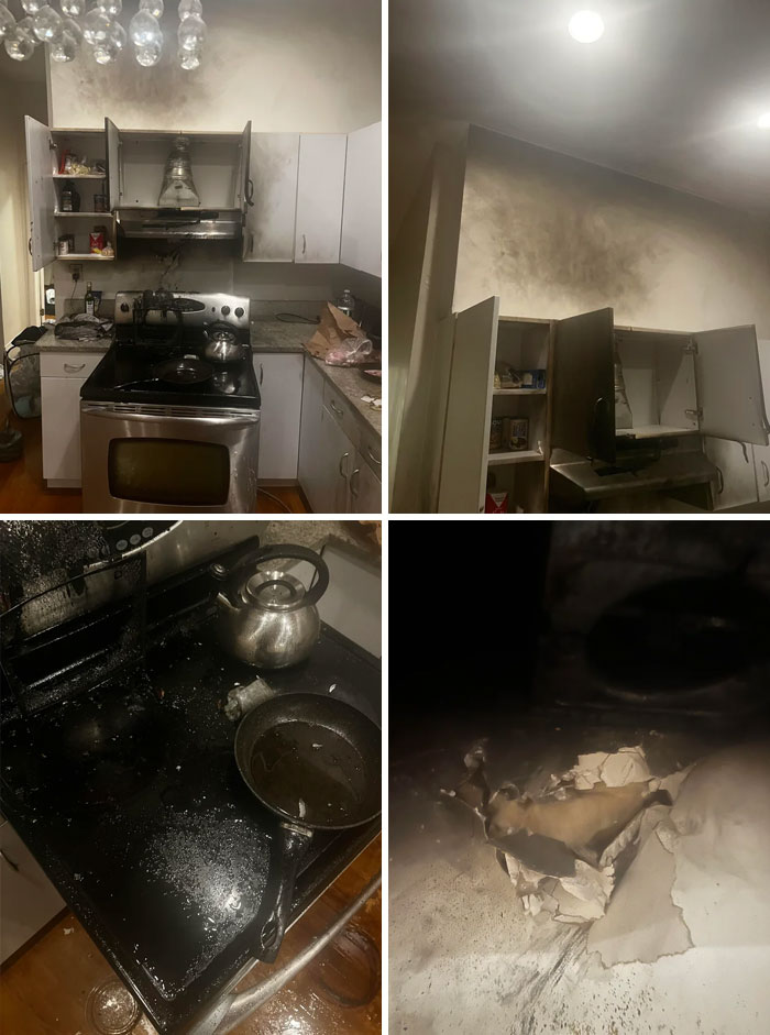 Tenant Had An Accidental Fire In Kitchen. Stove, Vent, Part Of Cabinet Are Damaged. Walls Blackened