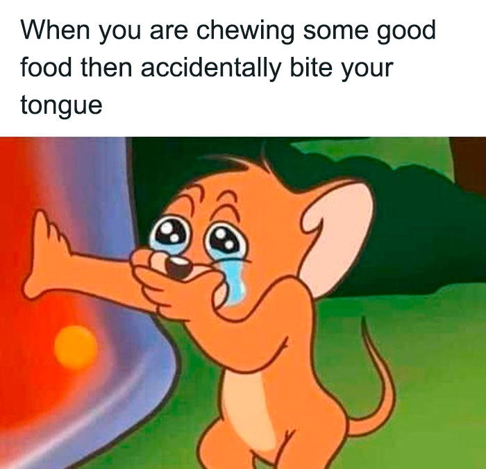 Biting your tongue while eating crying Jerry from Tom And Jerry meme