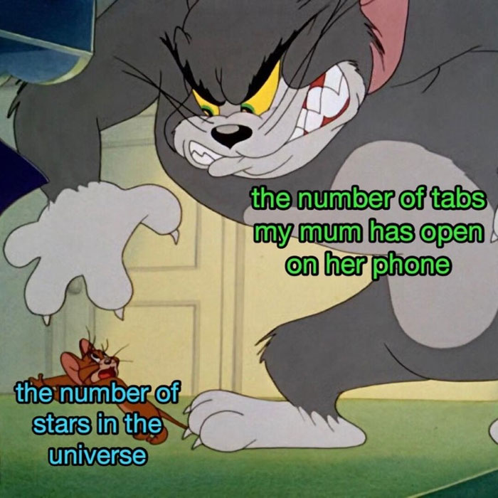Number of tabs mum has open on her phone Tom And Jerry meme