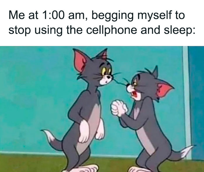 Begging myself to stop using cellphone at 1:00 am Tom from Tom And Jerry meme