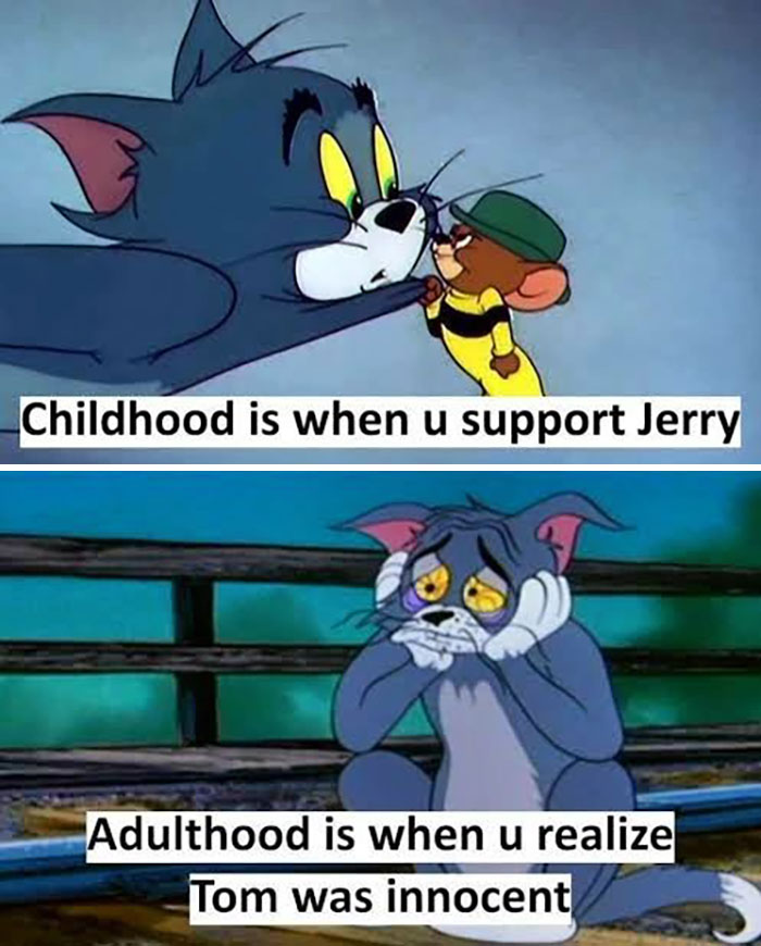 Supporting Jerry at childhood vs. at adulthood realizing Tom is innocent Tom And Jerry meme