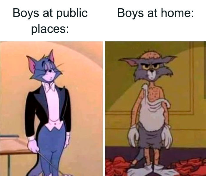 Boys at public places vs. boys at home Tom from Tom And Jerry meme 