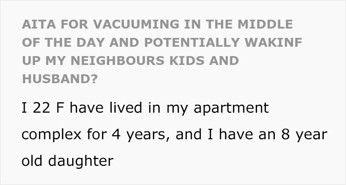 Neighbors Ask Woman To Stop Vacuuming At Noon, She Refuses And Turns To The Internet For Advice Neighbors Ask Woman To Stop Vacuuming At Noon, She Refuses And Turns To The Internet For Advice