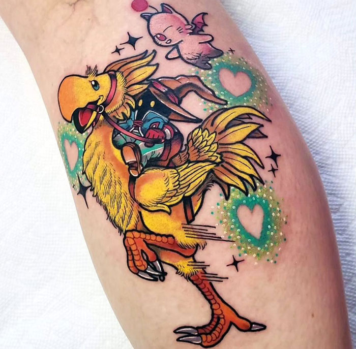 Final Fantasy tattoo with Vivi, Chocobo and Moogle