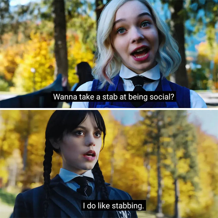 Wednesday Netflix meme about trying to be social