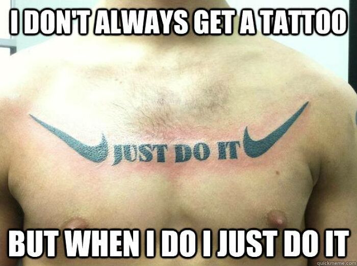Tattoo fail on a chest with a phrase and logos, highlighting an awkward design choice.