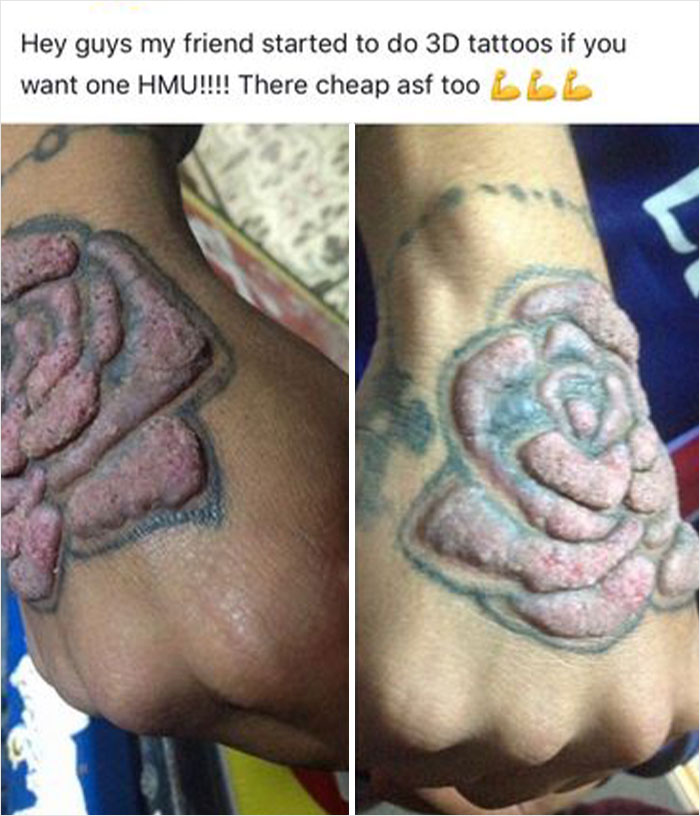 Close-up of two poorly done 3D flower tattoos on hands; example of tattoo fails.