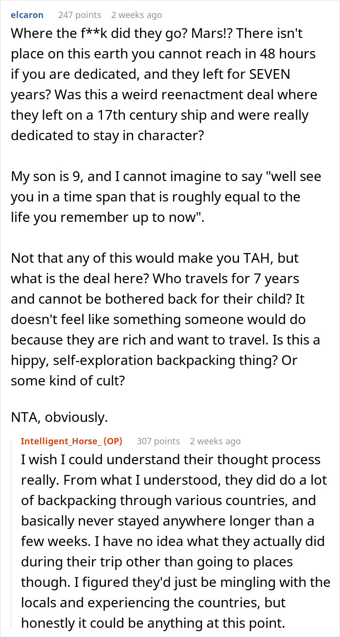 Commenters debating a 17YO’s life shaken up after parents return from a 7-year-long world trip and want her back. Commenters debating a 17YO’s life shaken up after parents return from a 7-year-long world trip and want her back.