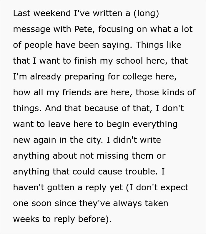 Text excerpt from a 17-year-old girl whose life is shaken after parents return from a 7-year-long world trip. Text excerpt from a 17-year-old girl whose life is shaken after parents return from a 7-year-long world trip.