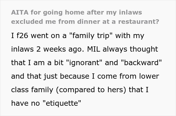 Woman Is Left Out Of Fancy Dinner Because Her MIL Assumed She Wouldn’t Know How To Eat The Food