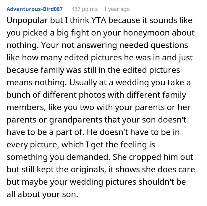 "She Hasn't Stopped Crying": Man Cancels Honeymoon After Wife Edited His Son Out Of Wedding Pics "She Hasn't Stopped Crying": Man Cancels Honeymoon After Wife Edited His Son Out Of Wedding Pics