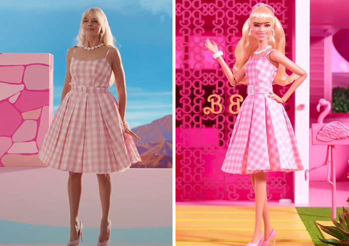 "Weird Barbie in pink checkered dress with scenic and toy backgrounds. "Weird Barbie in pink checkered dress with scenic and toy backgrounds.