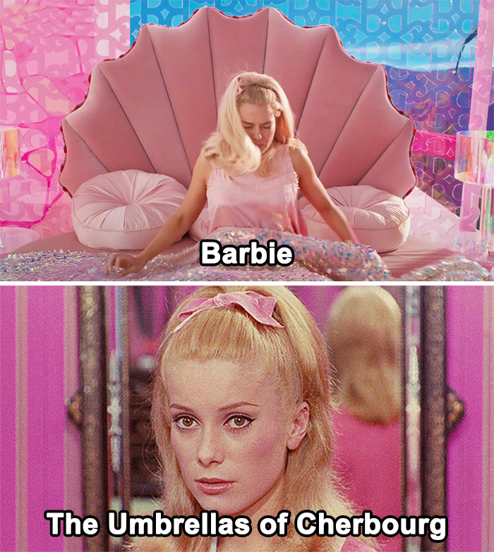 When Barbie Wears A Pink Ribbon In Her Hair When Things Start To Go Wrong For Her In Barbie Land, It's A Nod To Catherine Deneuve's Hair In The Umbrellas Of Cherbourg (1964)