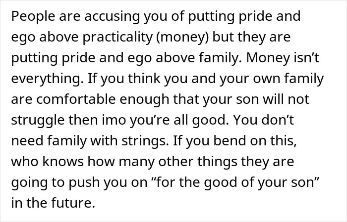Text excerpt discussing family tensions over inheritance, focusing on pride, money, and conditions set by rich grandparents. Text excerpt discussing family tensions over inheritance, focusing on pride, money, and conditions set by rich grandparents.