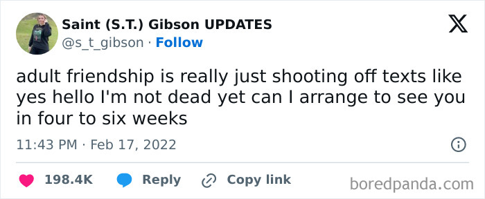 Tweet about friendship memes and adult communication with 198.4K likes, highlighting humorous texts with friends.