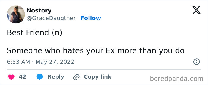 Tweet about friendship meme defining "Best Friend" as someone who dislikes your ex more than you.