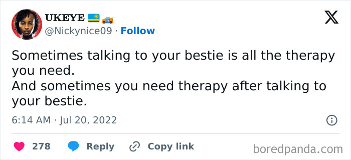 A tweet humorously depicts the ups and downs of friendship with a relatable meme about best friends and therapy.