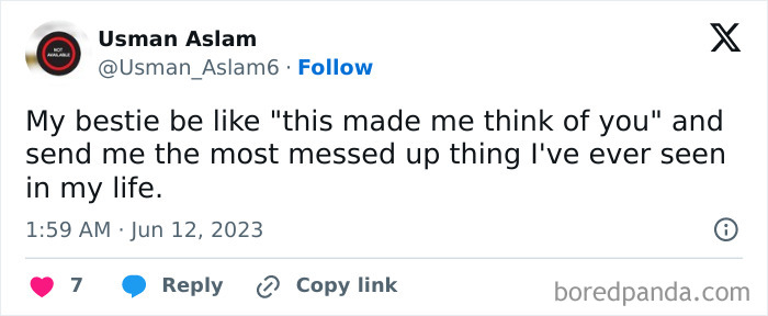 Tweet about relatable friendship meme, sharing funny and unexpected personal experiences between best friends.