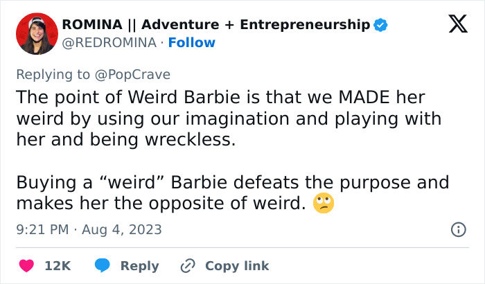 Tweet by Romina discussing the concept of Weird Barbie, questioning the impact of buying her. Tweet by Romina discussing the concept of Weird Barbie, questioning the impact of buying her.