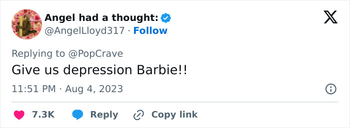 Tweet from a fan about movie-inspired Weird Barbie, suggesting "Give us depression Barbie! Tweet from a fan about movie-inspired Weird Barbie, suggesting "Give us depression Barbie!