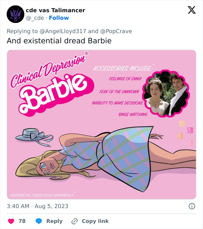 ‘Weird Barbie’ depiction with accessories listed as existential feelings, humorously critiquing the concept. ‘Weird Barbie’ depiction with accessories listed as existential feelings, humorously critiquing the concept.