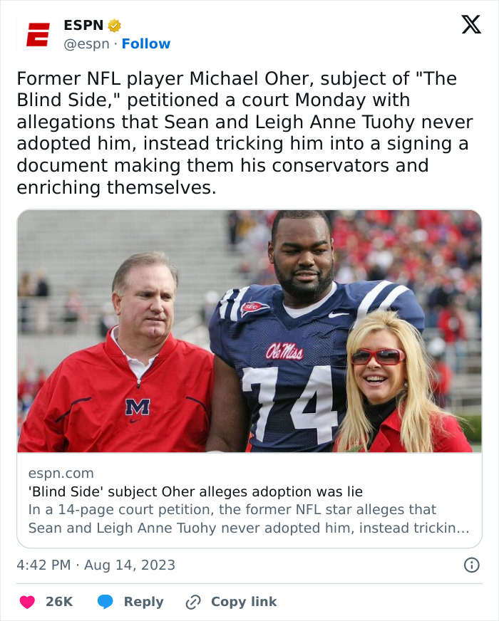 Former NFL Star Michael Oher Claims 'Blind Side' Family Tricked Him With Adoption