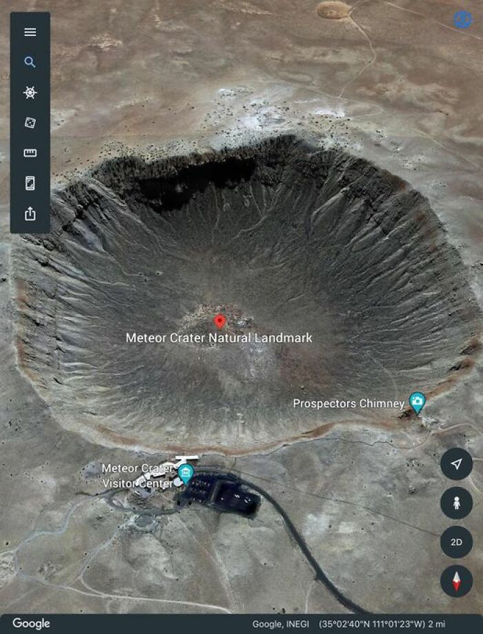 Arizona’s Meteor Crater. Look How Close It Came To Hitting The Visitor Center!!