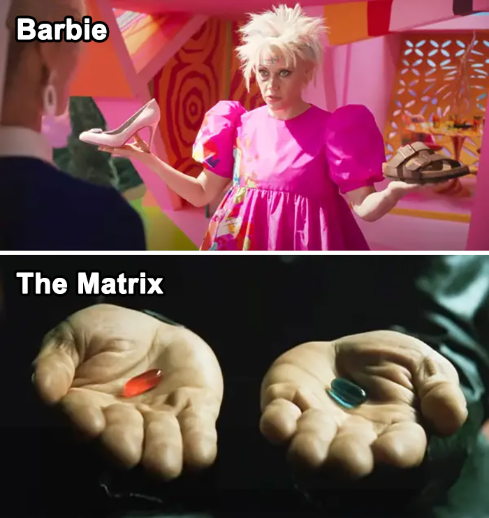 When Weird Barbie Offers Barbie A Chance To Learn About The Real World, The Scene Is Similar To When Neo Is Offered The Choice Between The Red And Blue Pill In The Matrix (1999