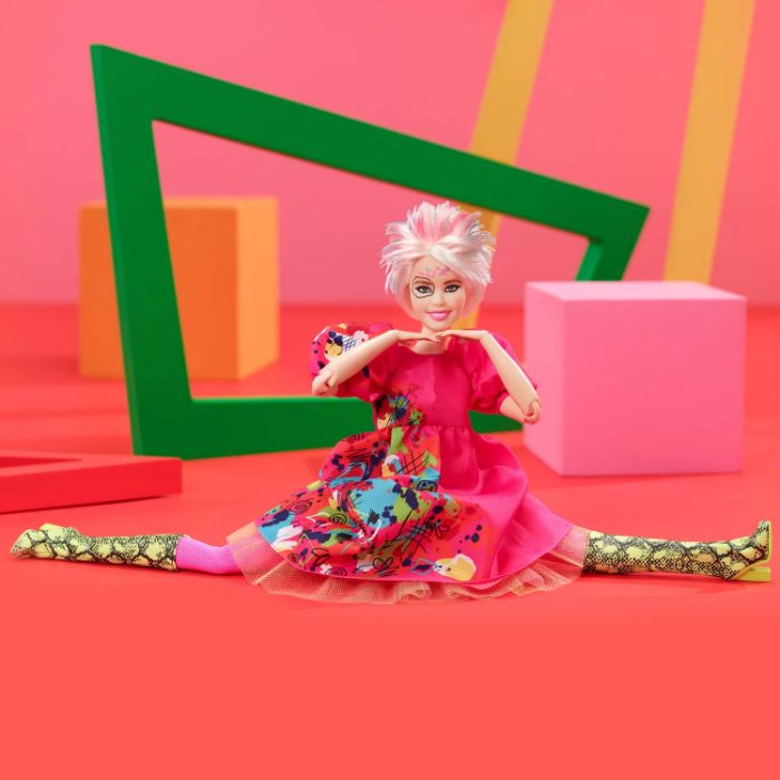 Weird Barbie from Mattel in a colorful dress, pink hair, doing the splits, set against a vibrant geometric background. Weird Barbie from Mattel in a colorful dress, pink hair, doing the splits, set against a vibrant geometric background.